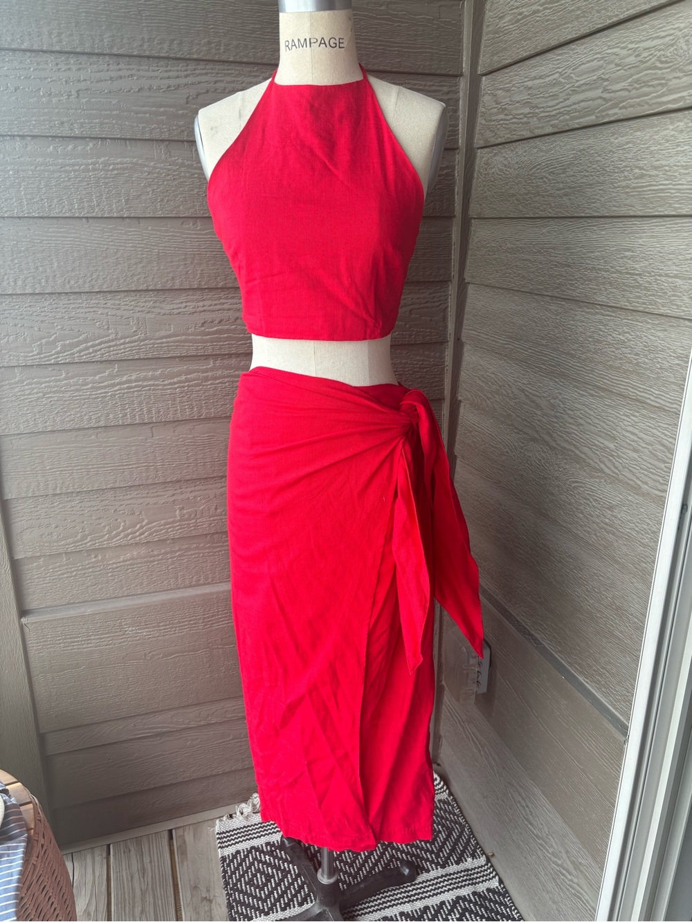 Magnolia Red Two-Piece Halter Crop Top and Wrap Skirt Set